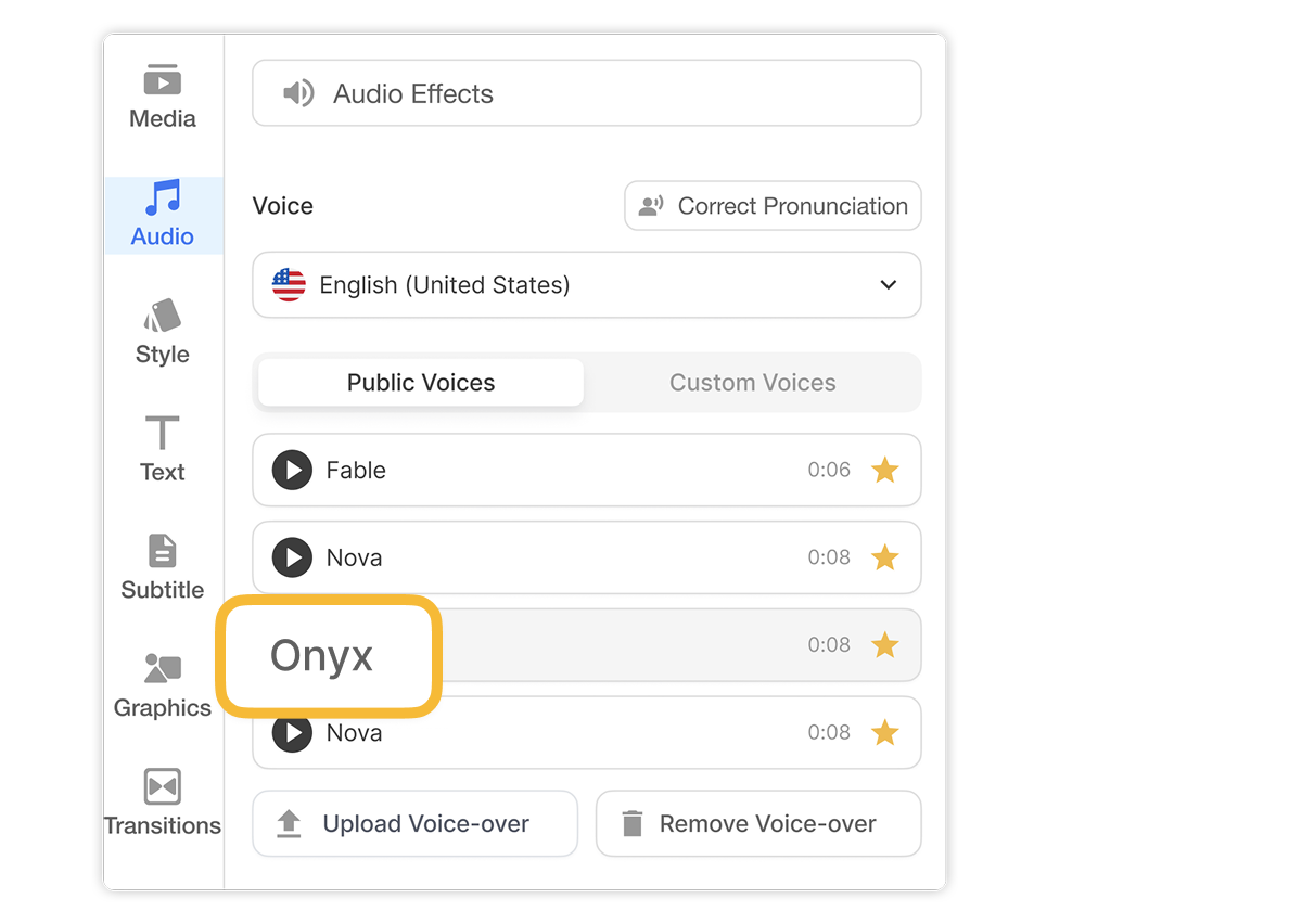 AI Voice Over fully customizable options, including scene-by-scene voice recording and seamless audio syncing for professional video content.